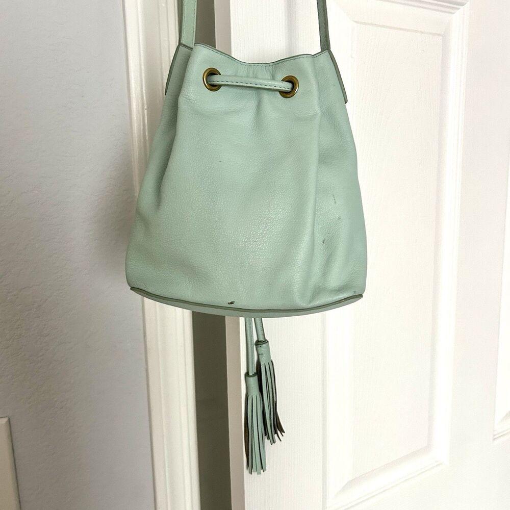 J. Crew Pebbled Leather Bucket Bag with Tassels Sea Foam Green Crossbody Coastal - Picture 4 of 6